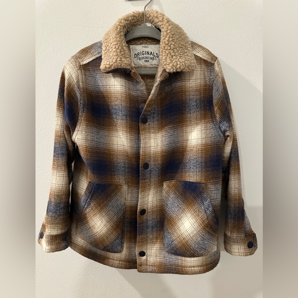 Marks and Spencer Boys Plaid Sherpa Jacket - Blue and Brown